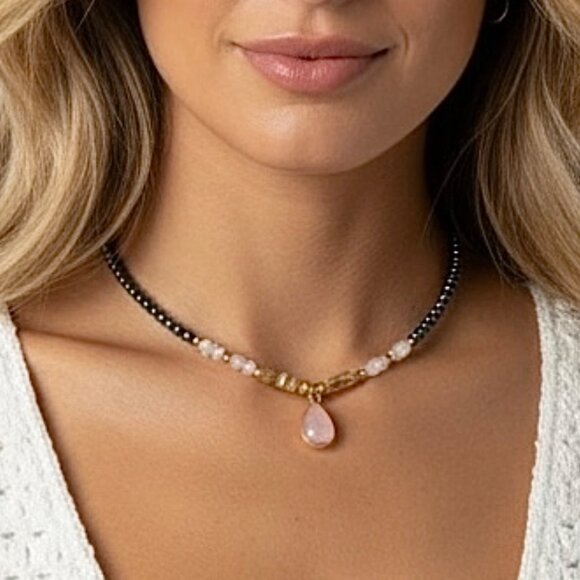 Hand-Crafted Jewelry - NWT Teardrop Pendant Beaded Necklace 18K Plated Black Onyx Hematite Rose Quartz
